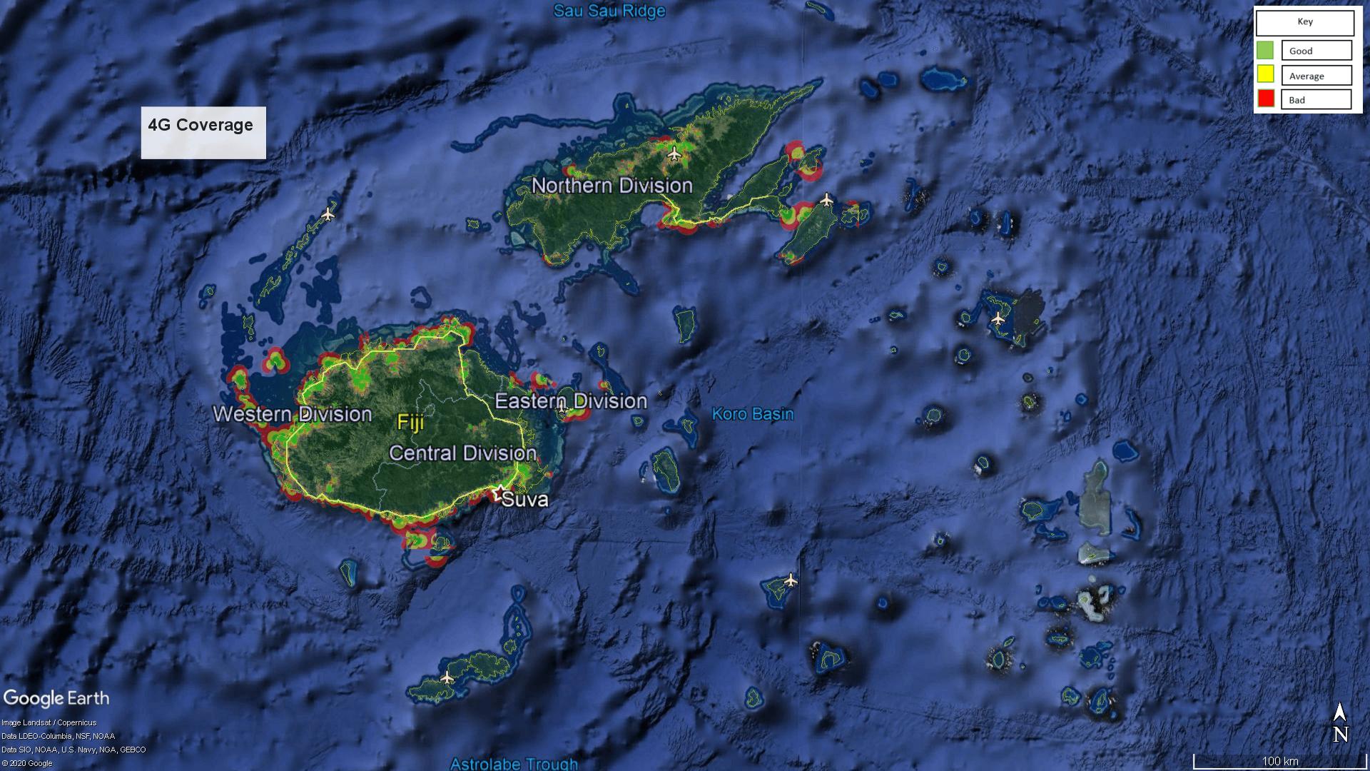 Satellite Map Of Fiji Vodafone Fiji - Vodafone Fiji Coverage Map - Heat Map For 2G, 3G And 4G